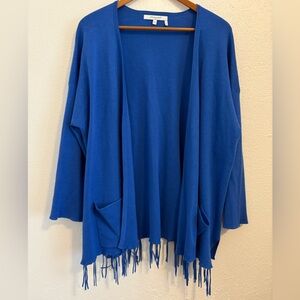 Foxcroft Blue Cardigan Sweater with Fringe and Pockets, Size 2X